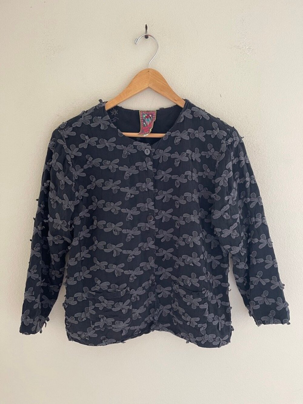 JOHNNY WAS "Coco" Black Jacket/Top with Floral Applique Design; Size Small